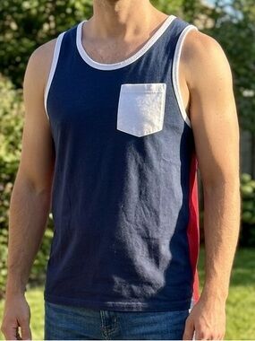 Blue Crown Navy Red Colorblock Pocket Tank Top Skate Casual Ribbed Sz S LIKE NEW